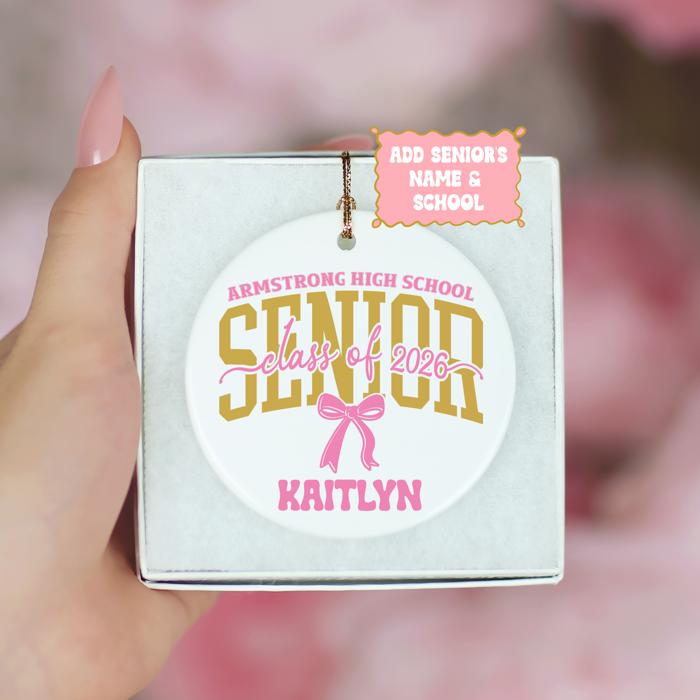 Personalized Pink Coquette Senior 2026 Graduation Ornament; Pink and Black Bow Design; Customize with Senior's Name and School; Retro Font