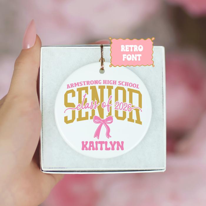 Personalized Pink Coquette Senior 2026 Graduation Ornament; Pink and Black Bow Design; Customize with Senior's Name and School; Retro Font