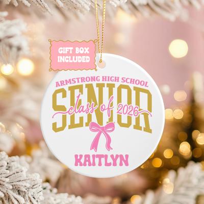 Personalized Pink Coquette Senior 2026 Graduation Ornament; Pink and Black Bow Design; Customize with Senior's Name and School; Retro Font