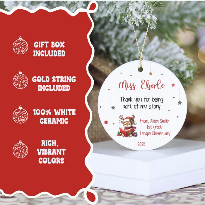 Personalized Teacher Thank You Christmas Ornament| Includes Teacher Name, Student Name, Grade, School