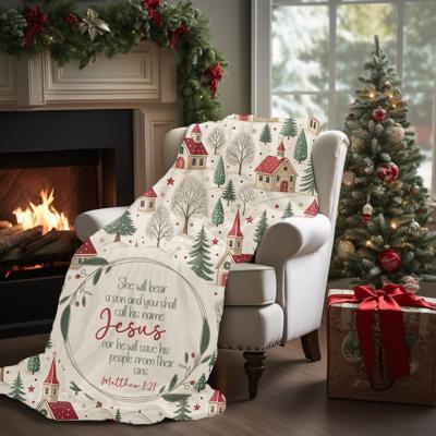 Matthew 1:21 Bible Verse Christmas Blanket with Town Scene Including Church; Cozy Throw; Faith Based Gift; Christian Holiday Decor
