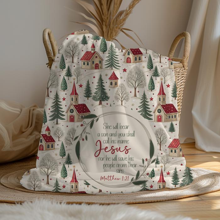 Matthew 1:21 Bible Verse Christmas Blanket with Town Scene | Faith Based Gift | Christian Holiday Decor