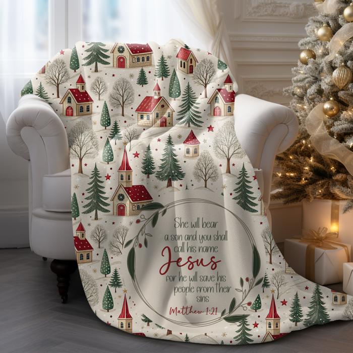 Matthew 1:21 Bible Verse Christmas Blanket with Town Scene | Faith Based Gift | Christian Holiday Decor