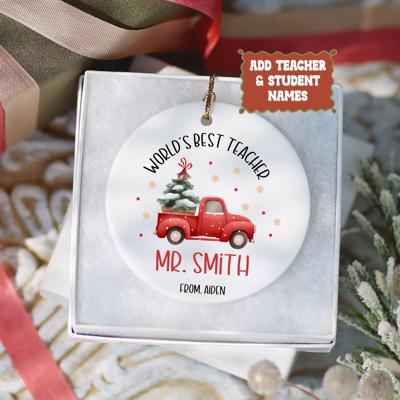 World’s Best Teacher Personalized Christmas Ornament | Custom Teacher Gift with Teacher's Name and Signed by Student| 4 Design Options