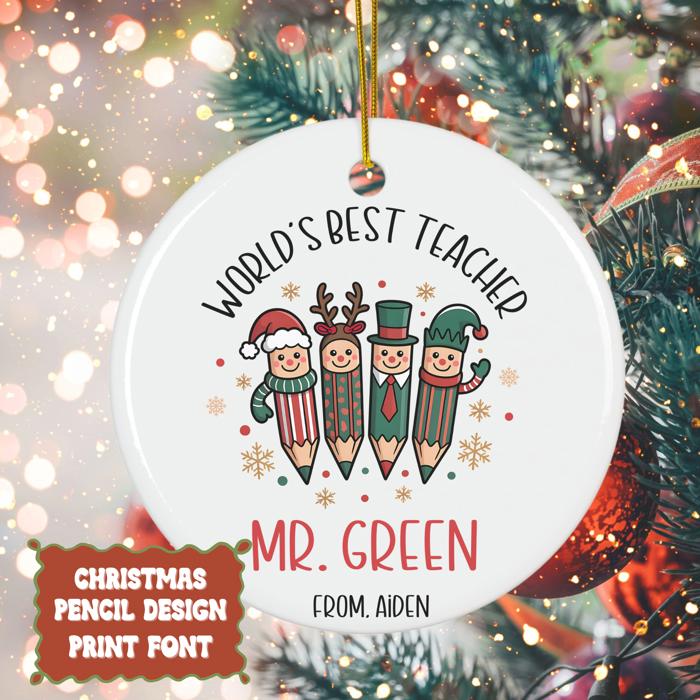 World’s Best Teacher Personalized Christmas Ornament | Custom Teacher Gift with Teacher's Name and Signed by Student| 4 Design Options