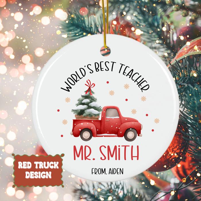 World’s Best Teacher Personalized Christmas Ornament | Custom Teacher Gift with Teacher's Name and Signed by Student| 4 Design Options