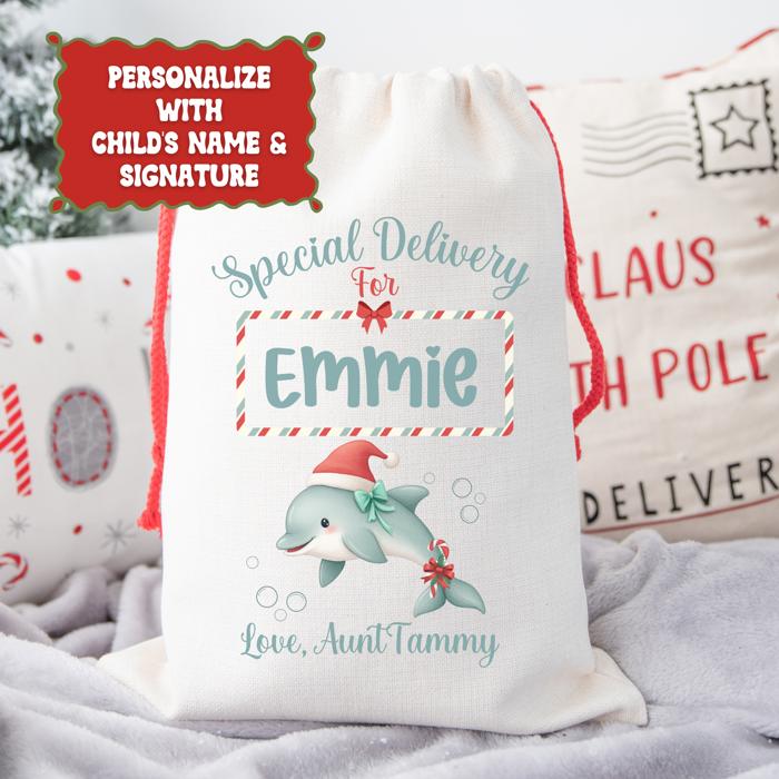 Personalized Baby Animal Christmas Gift Bag with Child’s Name and Custom Signature, Deer, Polar Bear, Dolphin, Owl or Highland Cow