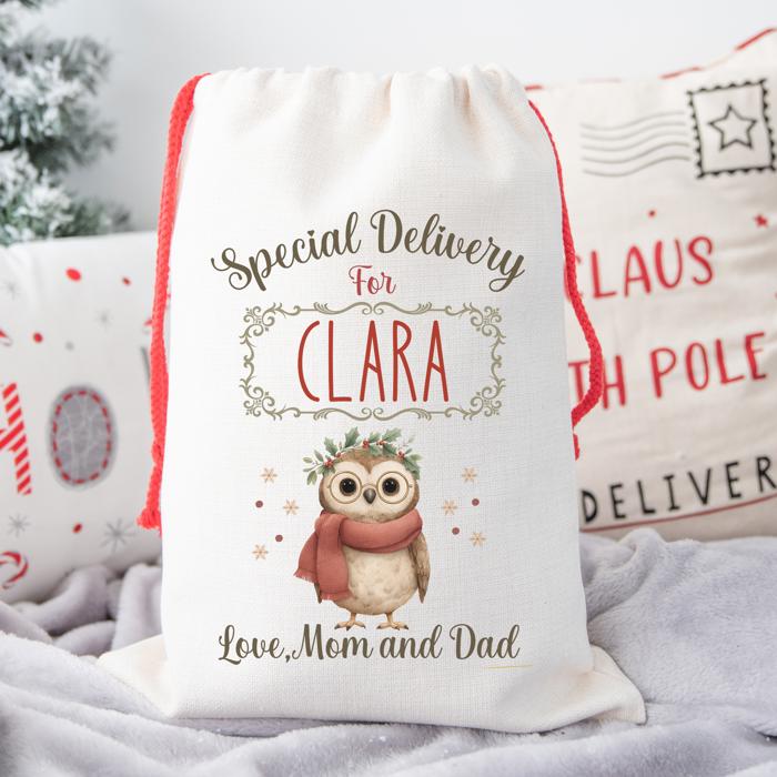 Personalized Baby Animal Christmas Gift Bag with Child’s Name and Custom Signature, Deer, Polar Bear, Dolphin, Owl or Highland Cow