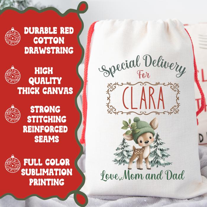 Personalized Baby Animal Christmas Gift Bag with Child’s Name and Custom Signature, Deer, Polar Bear, Dolphin, Owl or Highland Cow