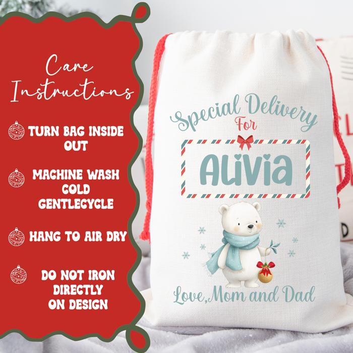 Personalized Baby Animal Christmas Gift Bag with Child’s Name and Custom Signature, Deer, Polar Bear, Dolphin, Owl or Highland Cow