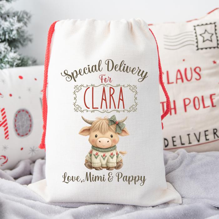 Personalized Baby Animal Christmas Gift Bag with Child’s Name and Custom Signature, Deer, Polar Bear, Dolphin, Owl or Highland Cow