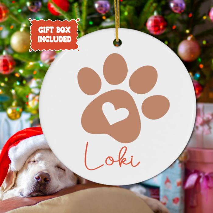 Dog or Cat Christmas Ornament; Personalized with Pet's Name; Green, Gray, Black or Brown Paw; Santa Hat, Bow, or Christmas Lights Accents