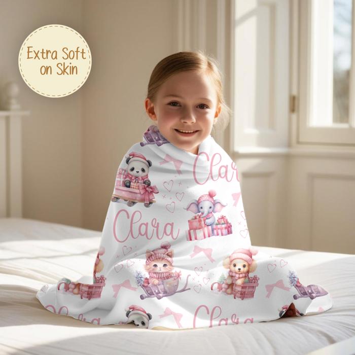 Personalized Christmas Blanket with Kitten, Puppy, Elephant and Panda Decorated in Pink Holiday Decor; Surrounded with Pink Bows and Hearts