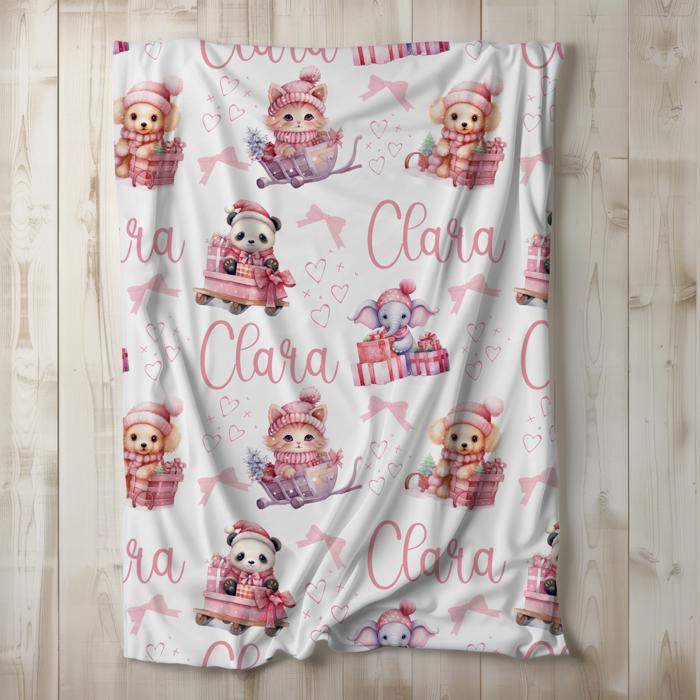 Personalized Christmas Blanket with Kitten, Puppy, Elephant and Panda Decorated in Pink Holiday Decor; Surrounded with Pink Bows and Hearts