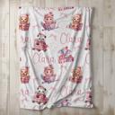  Personalized Christmas Blanket with Kitten, Puppy, Elephant and Panda Decorated in Pink Holiday Decor; Surrounded with Pink Bows and Hearts