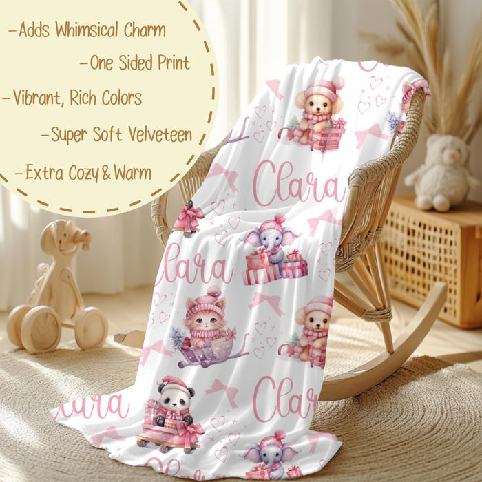 Personalized Christmas Blanket with Kitten, Puppy, Elephant and Panda Decorated in Pink Holiday Decor; Surrounded with Pink Bows and Hearts