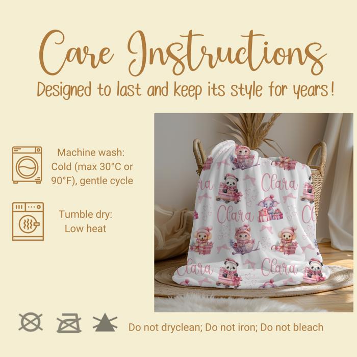 Personalized Christmas Blanket with Kitten, Puppy, Elephant and Panda Decorated in Pink Holiday Decor; Surrounded with Pink Bows and Hearts