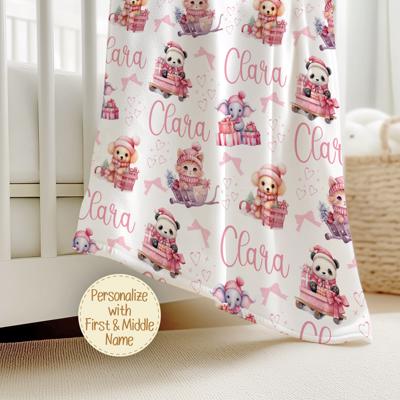 Personalized Christmas Blanket with Kitten, Puppy, Elephant and Panda Decorated in Pink Holiday Decor; Surrounded with Pink Bows and Hearts