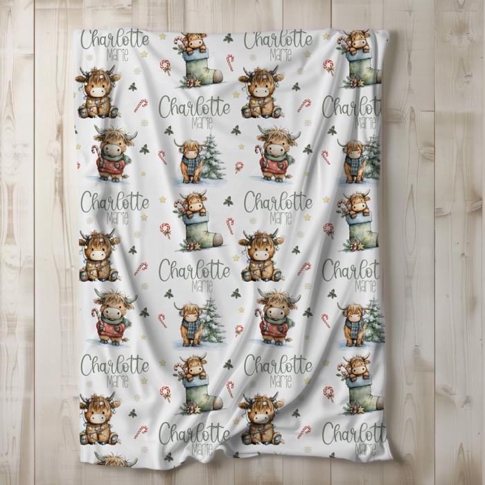 Highland Cow Personalized Christmas Blanket | Custom Kids Holiday Throw 30"x40"
