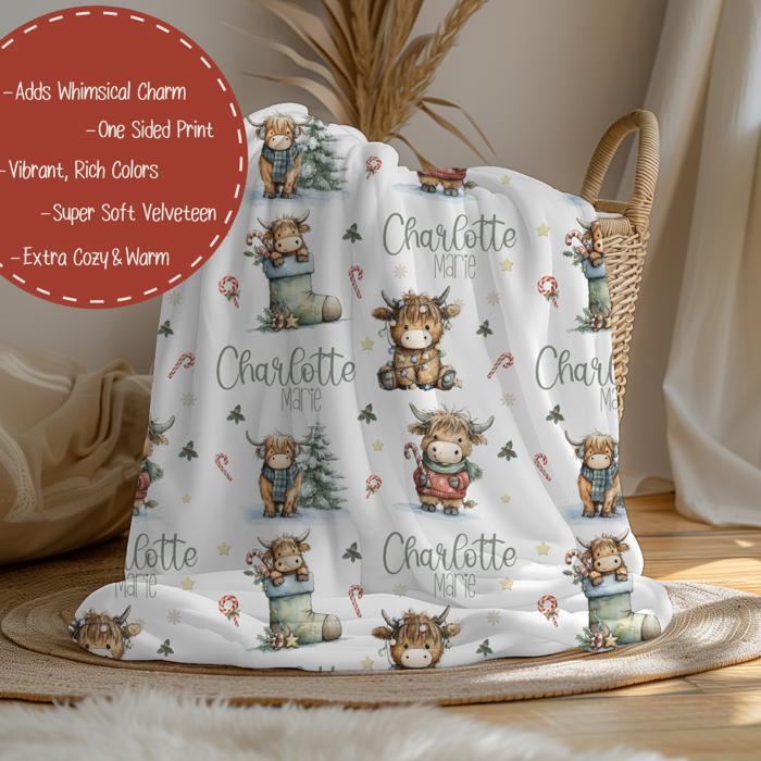 Highland Cow Personalized Christmas Blanket | Custom Kids Holiday Throw 30"x40"