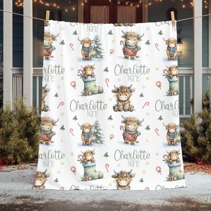 Highland Cow Personalized Christmas Blanket | Custom Kids Holiday Throw 30"x40"