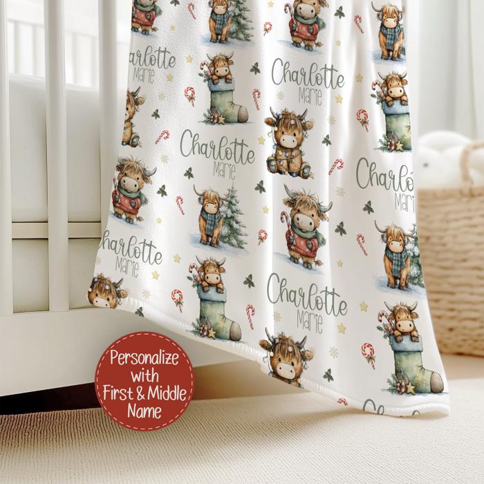 Highland Cow Personalized Christmas Blanket | Custom Kids Holiday Throw 30"x40"