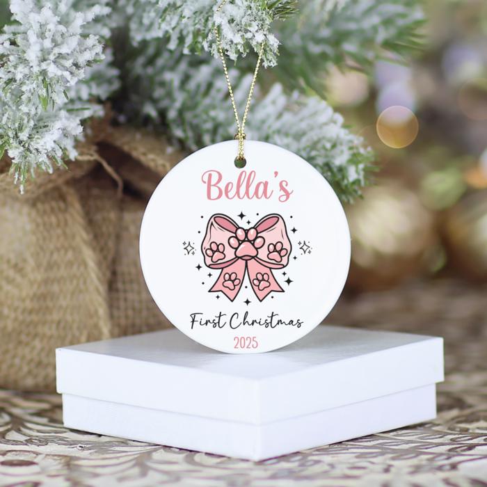 Dog or Cat First Christmas Ornament 2025 | Pink Paw Print on Pink Coquette Bow