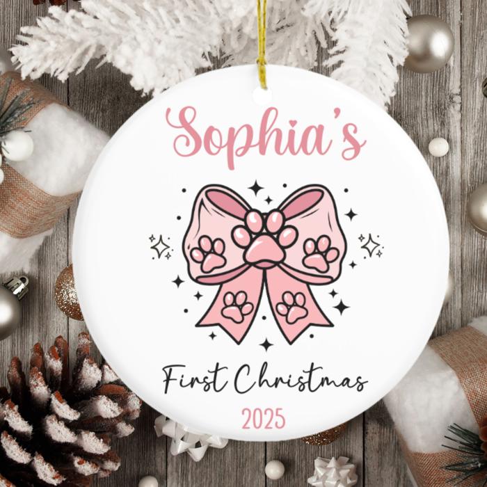 Dog or Cat First Christmas Ornament 2025 | Pink Paw Print on Pink Coquette Bow