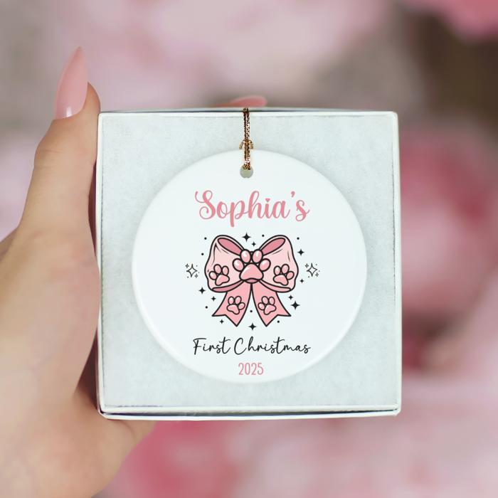 Dog or Cat First Christmas Ornament 2025 | Pink Paw Print on Pink Coquette Bow