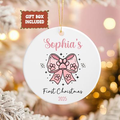 Dog or Cat First Christmas Ornament 2025 | Pink Paw Print on Pink Coquette Bow