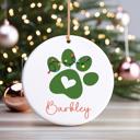  Dog or Cat Christmas Ornament; Personalized with Pet's Name; Green, Gray, Black or Brown Paw; Santa Hat, Bow, or Christmas Lights Accents