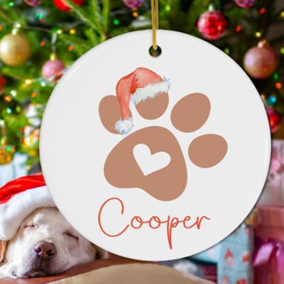 Dog or Cat Christmas Ornament; Personalized with Pet's Name; Green, Gray, Black or Brown Paw; Santa Hat, Bow, or Christmas Lights Accents