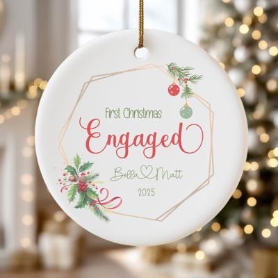 First Christmas Engaged Personalized Ornament 2025 – Custom Couple Names with Heart, Engagement Gift, Keepsake Holiday Decoration