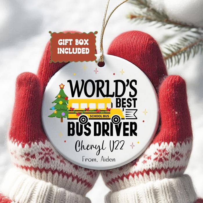 World’s Best Bus Driver Personalized Christmas Ornament | Custom Holiday Gift with for Bus Driver with Name & Bus Number | Signed by Student
