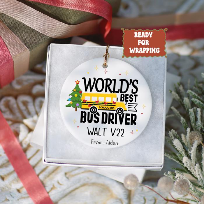 World’s Best Bus Driver Personalized Christmas Ornament | Custom Holiday Gift with for Bus Driver with Name & Bus Number | Signed by Student