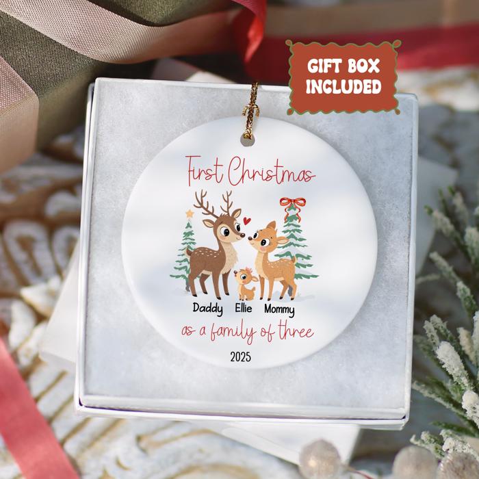 Family of Three Personalized Ornament | First Christmas Custom Deer Family Ornament with Names | Gift Box Included