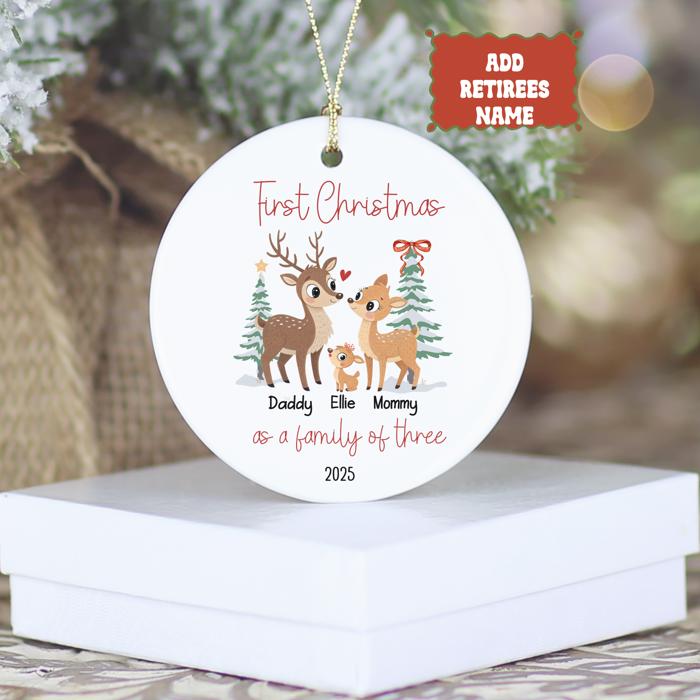 Family of Three Personalized Ornament | First Christmas Custom Deer Family Ornament with Names | Gift Box Included