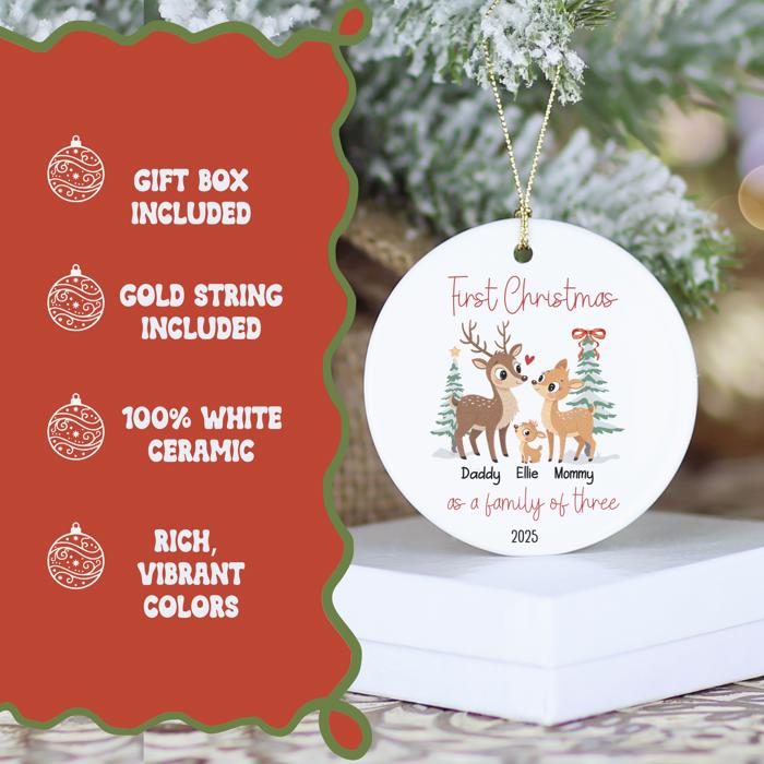 Family of Three Personalized Ornament | First Christmas Custom Deer Family Ornament with Names | Gift Box Included