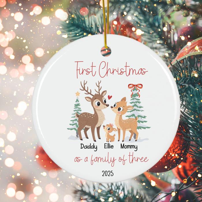 Family of Three Personalized Ornament | First Christmas Custom Deer Family Ornament with Names | Gift Box Included
