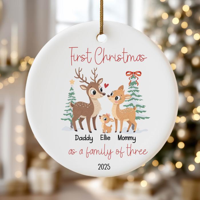 Family of Three Personalized Ornament | First Christmas Custom Deer Family Ornament with Names | Gift Box Included
