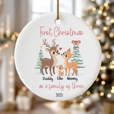 Family of Three Personalized Ornament | First Christmas Custom Deer Family Ornament with Names | Gift Box Included