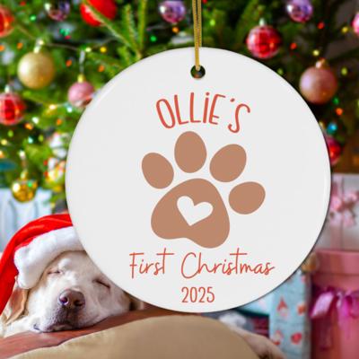 Dog or Cat First Christmas Ornament 2025: Choose from Black, Gray, Brown or Green Paw Print.  New Pet Owner Gift.