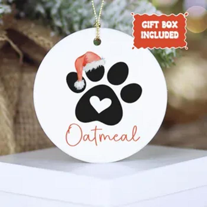 Dog or Cat Christmas Ornament; Personalized with Pet's Name; Green, Gray, Black or Brown Paw; Santa Hat, Bow, or Christmas Lights Accents