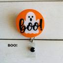 Orange Fall Badge Reels; Pilgrim, Pumpkin & Sunflower, Jack-O-Lantern, Mummy, Boo!, Crazy Turkey, Pumpkin Spice, Cat Witch; Halloween Badge Reel