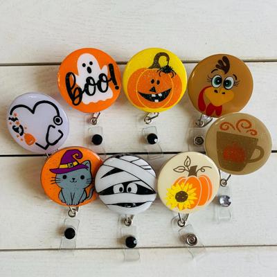 Fall Badge Reels; Pilgrim, Pumpkin & Sunflower, Jack-O-Lantern, Mummy, Boo!, Crazy Turkey, Pumpkin Spice, Cat Witch; Halloween Badge Reel