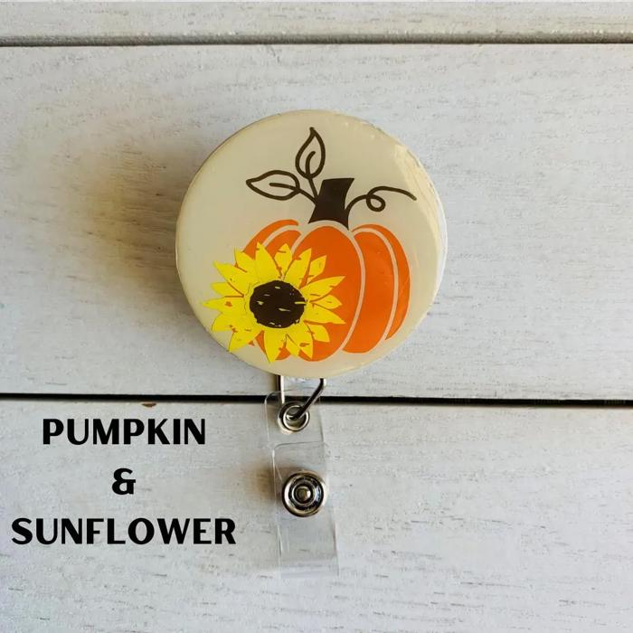 Fall Badge Reels; Pilgrim, Pumpkin & Sunflower, Jack-O-Lantern, Mummy, Boo!, Crazy Turkey, Pumpkin Spice, Cat Witch; Halloween Badge Reel