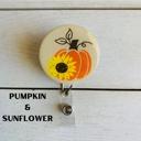 Beige Fall Badge Reels; Pilgrim, Pumpkin & Sunflower, Jack-O-Lantern, Mummy, Boo!, Crazy Turkey, Pumpkin Spice, Cat Witch; Halloween Badge Reel