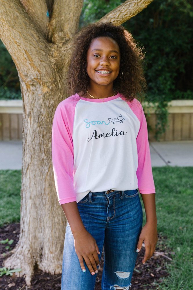 Soar Like Amelia Baseball Tee; Girl Pilot Inspired T-shirt;  Youth Amelia graphic tee