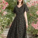 Small Women’s Black Floral Midi Dress – V-Neck Short Sleeve Summer Dress, Flowy Casual A-Line Dress for Everyday, Travel & Brunch