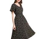 Small Women’s Black Floral Midi Dress – V-Neck Short Sleeve Summer Dress, Flowy Casual A-Line Dress for Everyday, Travel & Brunch